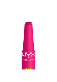Tube de rouge à lèvres rose vif NYX Professional Makeup avec un bouchon effilé, présenté sur un fond blanc.