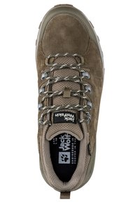 Scarpa da trekking in suede marrone con tessuto testurizzato, lacci grigi e occhielli in argento. Presenta un collo imbottito e un logo sulla linguetta.