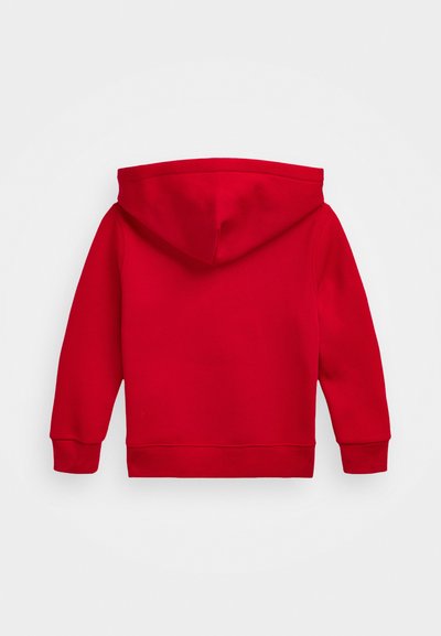 Sweatshirt vermelho com bolso canguru, punhos e bainha canelados. Apresenta um capuz com cordão e tecido suave e texturizado. Vista traseira exibida.