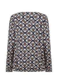 Top a maniche lunghe in tessuto blu notte con motivo simmetrico color crema e ruggine, scollatura rotonda e vestibilità comoda con orlo arrotondato.