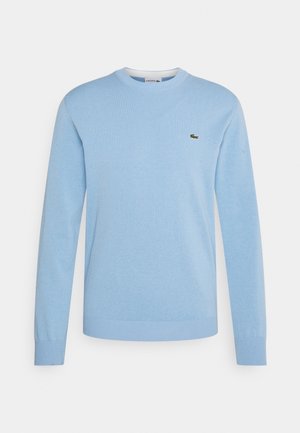 Pull bleu clair à manches longues avec col rond, poignets et ourlet côtelés, arborant un petit logo crocodile vert sur le côté gauche de la poitrine.