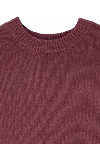 Burgunderfarbener Strickpullover mit ribbeliğim Rundhalsausschnitt, weichem Material und einfachem, nahtlosem Design. Keine sichtbaren Muster oder Akzente.