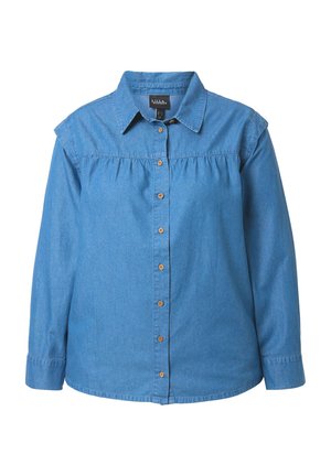 Chemise en jean bleu à manches longues avec col, boutons en bois et détail subtil froncé sur la poitrine.