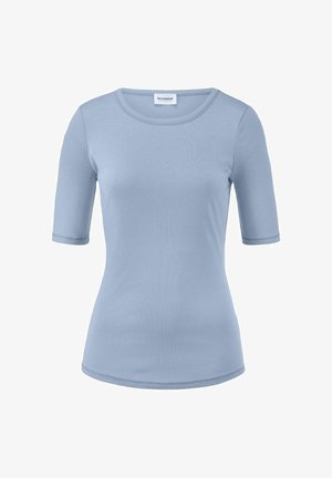 Lichtblauw, kortgepakt T-shirt met een ronde halslijn en een slim fit ontwerp. Gemaakt van gladde, rekbare stof zonder zichtbare patronen.