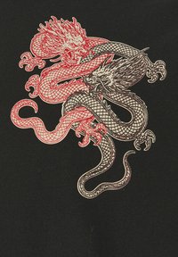 Deux dragons entrelacés, l'un rouge et l'autre beige, avec des écailles détaillées et des expressions féroces sur un fond noir.