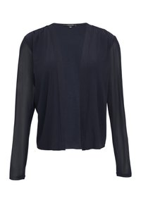 Ciemnoniebieski kardigan z lekkiego, przezroczystego materiału. Posiada długie rękawy oraz otwarty krój z przodu. Gładka tekstura z delikatnym drapowaniem.