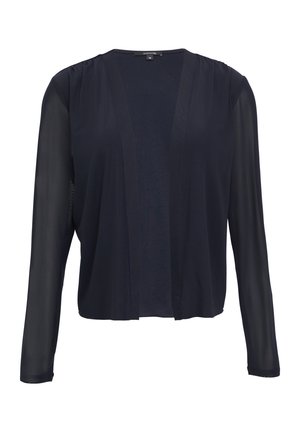 Dunkelblauer Cardigan aus leichtem, durchscheinendem Material. Verfügt über lange Ärmel und ein offenes Design. Glatte Textur mit subtilen Drapierungen.