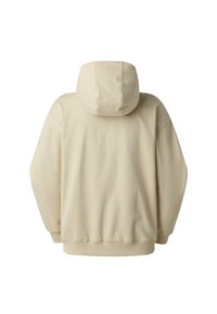 Sudadera beige con capucha de corte holgado, puños y dobladillo acanalados, que muestra una textura de tela suave y sin gráficos ni patrones visibles.