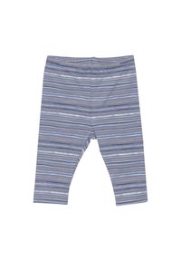 Ljusblå leggings i mjuk bomull, med horisontella ränder i varierande nyanser av blått och beige, samt en elastisk midja.