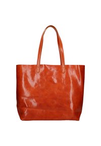 Borsa tote in pelle marrone chiaro con una superficie liscia e lucida, dotata di manici lunghi e una forma rettangolare spaziosa. Nessun hardware o accenti visibili.