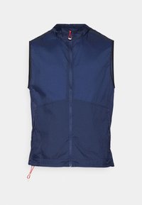 Marineblaue ärmellose Weste aus leichtem, strukturiertem Stoff; ausgestattet mit einem zentralen Reißverschluss und rotem Ziehband, hohem Kragen und kontrastierenden schwarzen Kanten.