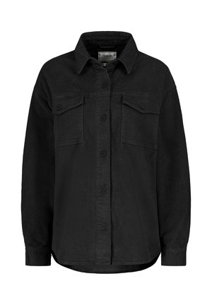 Schwarze Kordhemdjacke mit Kragen, langen Ärmeln, zwei Brusttaschen und Knopfverschluss vorne. Strukturierter Stoff.