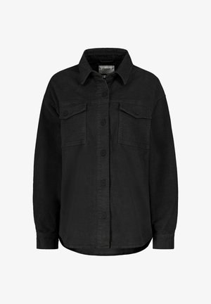 Schwarze Kordhemdjacke mit Kragen, langen Ärmeln, zwei Brusttaschen und Knopfverschluss vorne. Strukturierter Stoff.