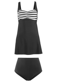 Abito da bagno nero con design a strisce bianco e nero sul busto, dotato di spalline e bikini a vita alta neri abbinati.