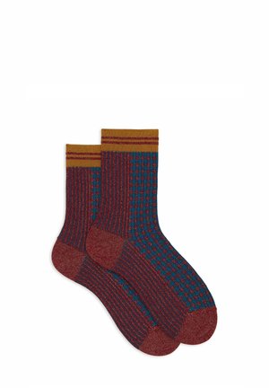 Knit socks with a maroon and teal pattern. Features ribbed and checked textures, topped with a yellow band and contrasting toe.