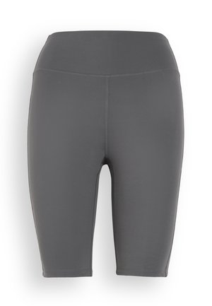 Szare spodenki sportowe z wysokim stanem, wykonane z gładkiego, elastycznego materiału. Posiadają przeszywane szwy oraz długość do połowy uda.