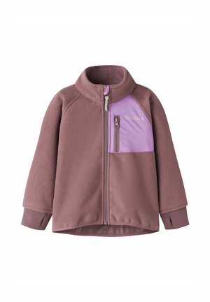 Jachetă din fleece mov pentru copii, cu fermoar frontal complet, manșete striate cu orificii pentru degete și buzunar la piept cu fermoar în culoare lila, etichetat "DESCOPERĂ".