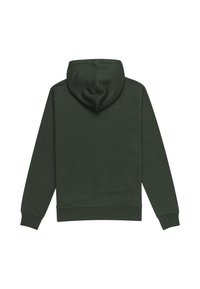Sudadera verde oscura con una textura suave, bolsillo tipo canguro y puños acanalados. Presenta una capucha redondeada y un diseño liso en la parte posterior.