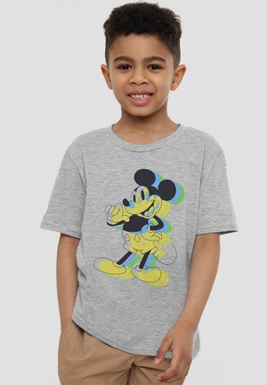 Graues T-Shirt mit kurzen Ärmeln, das ein buntes, stilisiertes Mickey Mouse-Design zeigt. Weicher Stoff, lockere Passform und runder Halsausschnitt.