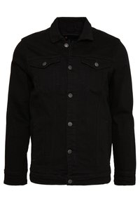 Svart denimjacka med knäppning framtill, två bröstfickor och sidfickor. Har en klassisk krage och sömmar.