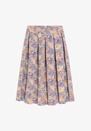 Faltenrock mit floralem Muster, das Schattierungen von Blau, Orange und Lila auf einem hellen Hintergrund zeigt. Hergestellt aus strukturiertem Stoff.