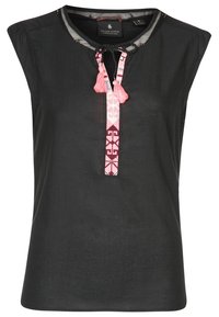 Schwarzes ärmelloses Oberteil mit einem dekorativen Halsausschnitt, der mit einer gemusterten Krawatte in Rosa und Weiß verziert ist, ergänzt durch rosa Quasten. Leichter Stoff.