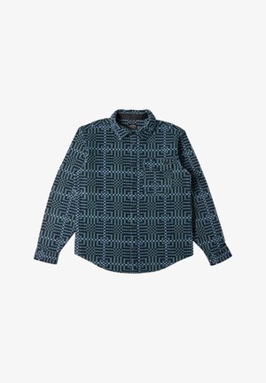 Langzaam-sleeve button-up shirt in donkerblauw met een geometrisch patroon in lichtblauw en teal. Heeft een klassieke kraag en een enkele borstzak.