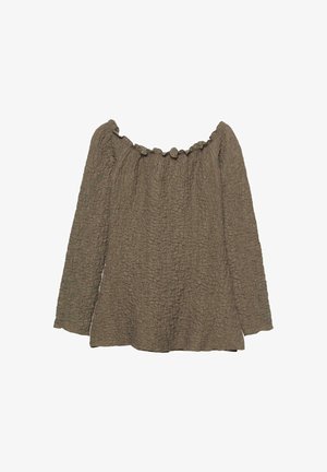 Haut texturé marron à manches longues avec un col à volants dénudé d'épaules et un motif de tissu froissé.