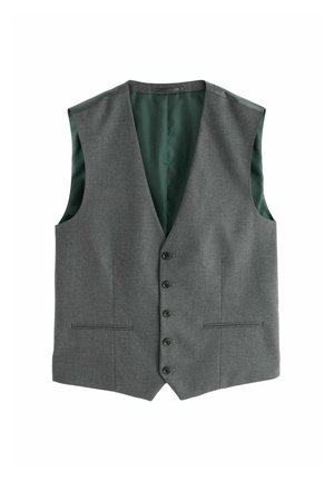Gilet gris avec un col en V profond, cinq boutons et deux poches avant. L'intérieur présente une doublure texturée contrastante verte.