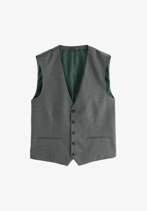 Szary kamizelka z głębokim dekoltem w serek, pięcioma guzikami i dwoma przednimi kieszeniami. Wnętrze ma kontrastową, zieloną, teksturowaną podszewkę.