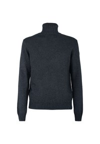 Maglione lavorato a maglia grigio scuro con un alto collo a lupetto a costine, polsini e vita a costine. Texture liscia con un design classico aderente.