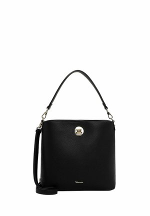 Black leather handbag with a textured finish, square shape, short handle, and detachable strap. Features a gold circular clasp on the front.