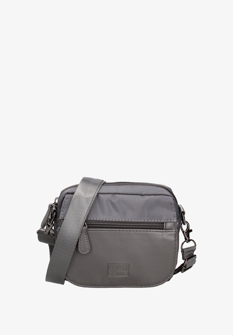 Borsa a tracolla grigia con una finitura liscia e opaca. Include una tasca con zip frontale e una tracolla regolabile. Design rettangolare semplice.