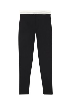 Svarta leggings med ett vitt randigt elastiskt midjeband, tillverkade av ett mjukt, stretchigt material, med en smal, rak ben-design.