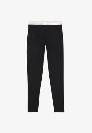 Svarta leggings med ett vitt randigt elastiskt midjeband, tillverkade av ett mjukt, stretchigt material, med en smal, rak ben-design.