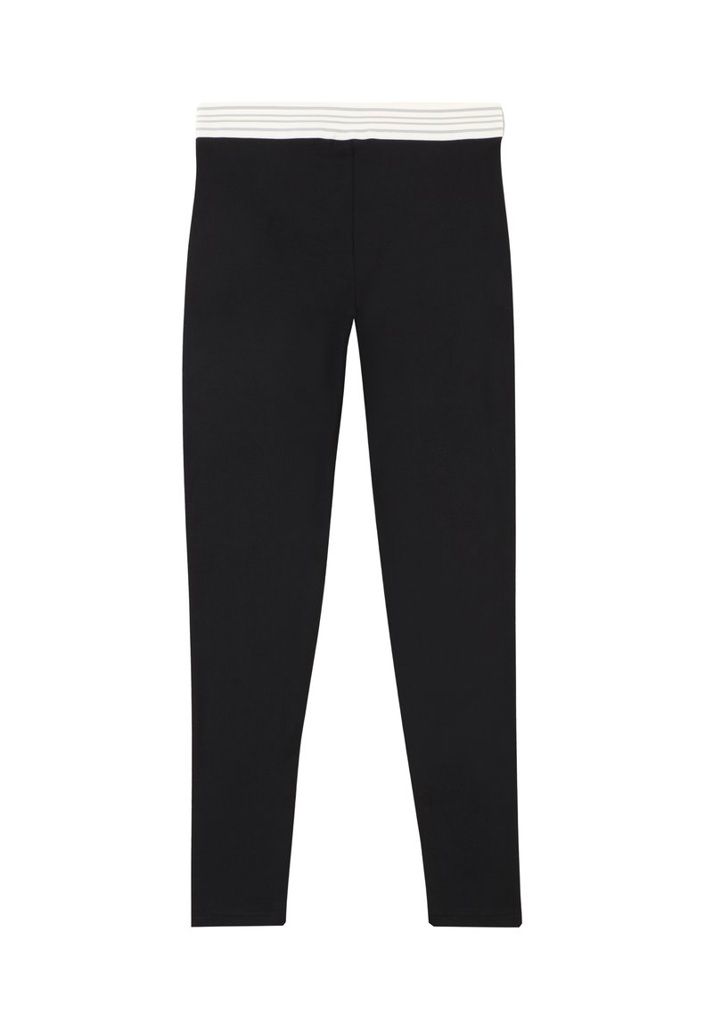 Svarta leggings med ett vitt randigt elastiskt midjeband, tillverkade av ett mjukt, stretchigt material, med en smal, rak ben-design.