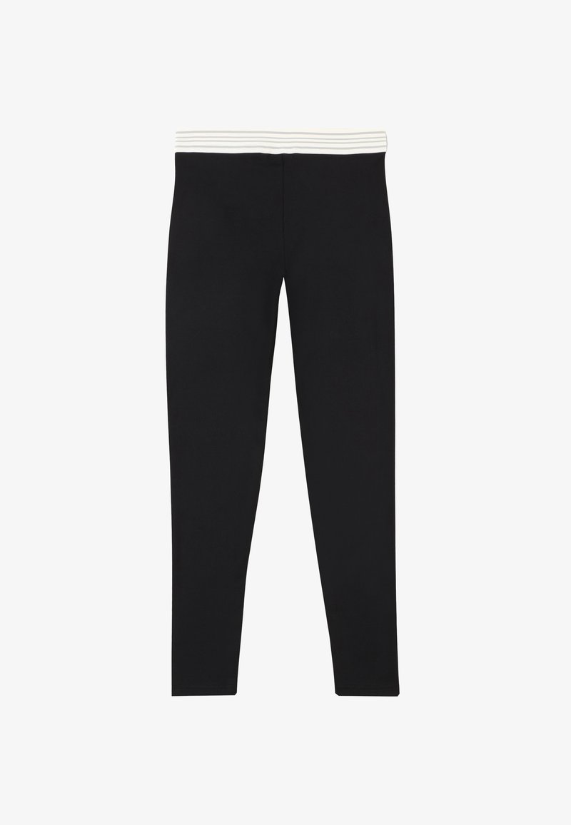 Zwarte leggings met een witte gestreepte elastische tailleband, gemaakt van een zachte, rekbare stof, met een slanke, rechte pijpdesign.