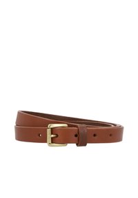 Brown leather belt with a smooth texture, featuring a metal gold-tone buckle and multiple adjustment holes for fastening.