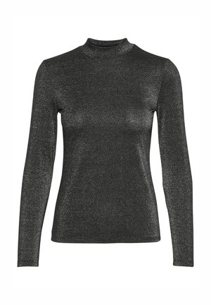 Bluza neagră cu mâneci lungi și guler înalt, având un finisaj texturat cu luciu metalizat care adaugă un interes vizual. Siluetă ajustată.