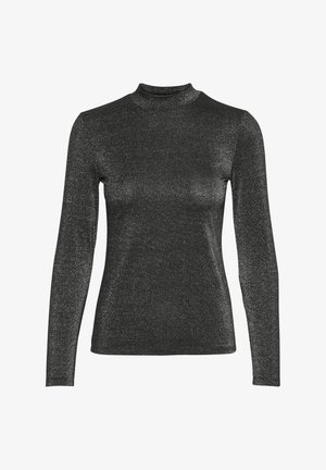 Bluza neagră cu mâneci lungi și guler înalt, având un finisaj texturat cu luciu metalizat care adaugă un interes vizual. Siluetă ajustată.