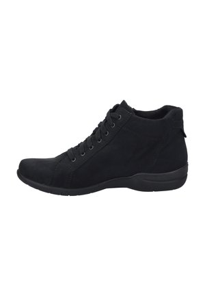 Black suede ankle boots with a smooth texture, featuring a lace-up design, rounded toe, and a subtle, low rubber sole.