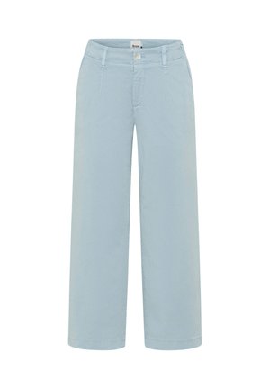 Pantalon large bleu clair avec bouton et fermeture éclair à l'avant, poches latérales, passants pour ceinture, en tissu mélange de polyester et coton.