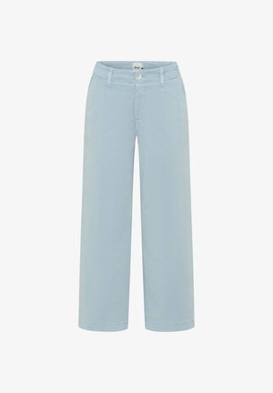 Pantalon large bleu clair avec bouton et fermeture éclair à l'avant, poches latérales, passants pour ceinture, en tissu mélange de polyester et coton.