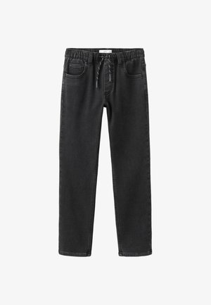 Black denim pants with an elastic waistband, drawstring closure, two front pockets, and straight leg design. Smooth texture, casual style.
