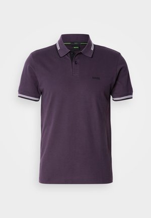Dark purple short-sleeve polo shirt with white double stripes on collar and cuffs, two-button placket, and small "BOSS" logo on chest.