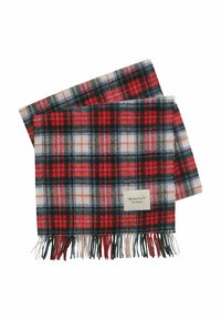 Écharpe en laine à carreaux rouge, blanc, marine et vert avec des bords frangés et une étiquette de marque GANT sur fond blanc.