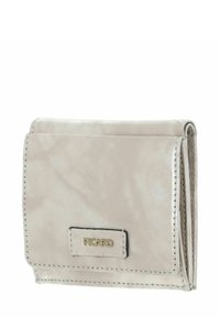 Portefeuille pliable en deux en matériau lisse gris clair avec une finition brillante. Comprend un petit logo doré et des bords cousus. Design compact.