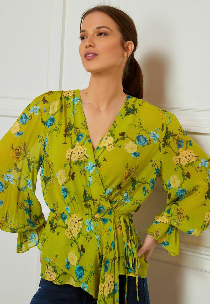 Next LONG SLEEVE WRAP BLOUSE Blouse preen green floral stripe/groen