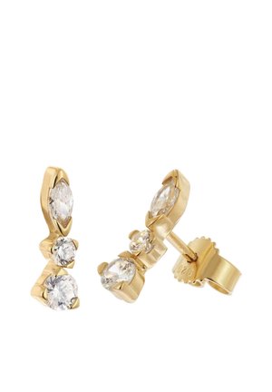 Gold stud earrings with three clear gemstones of different shapes and sizes set vertically in each earring.