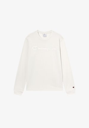 Weißes Langarmhemd mit "Champion"-Logo über der Brust und kleinem Champion-Emblem am linken Handgelenk.